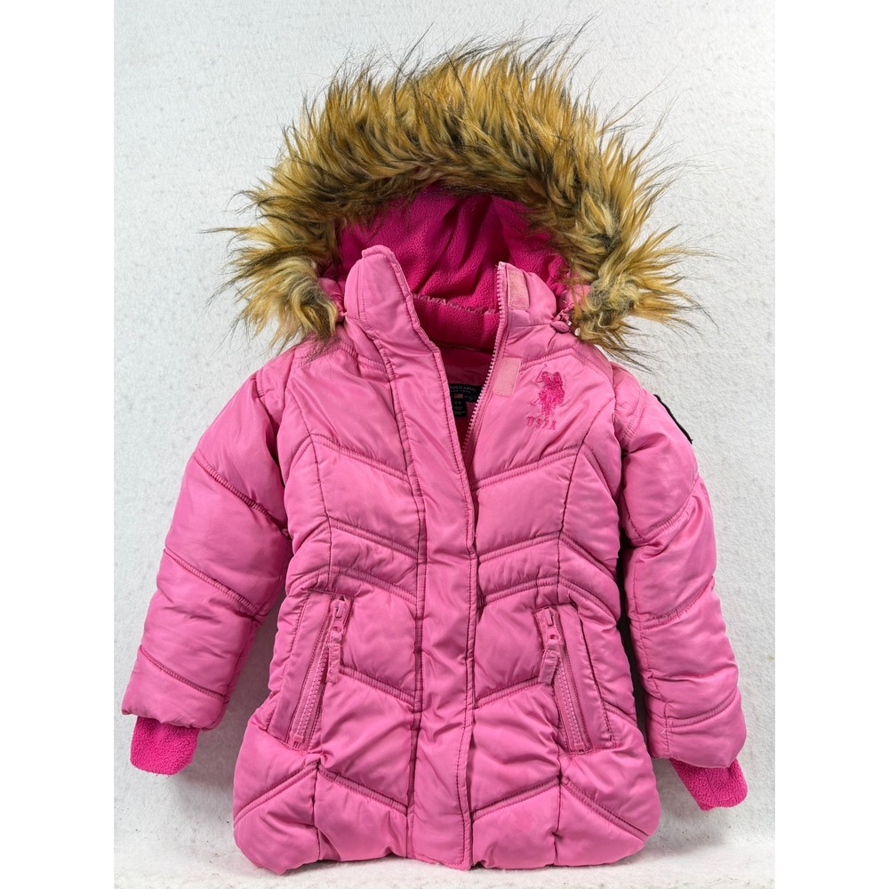 US Polo Assn Girls 2T Pink Puffer Coat Faux Fur Hood Fleece Lined Winter Jacket